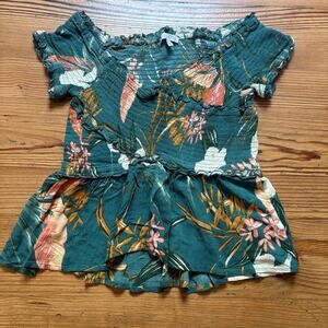 Patrons of Peace green floral print ruched smocked short‎ sleeve shirt SIZE M